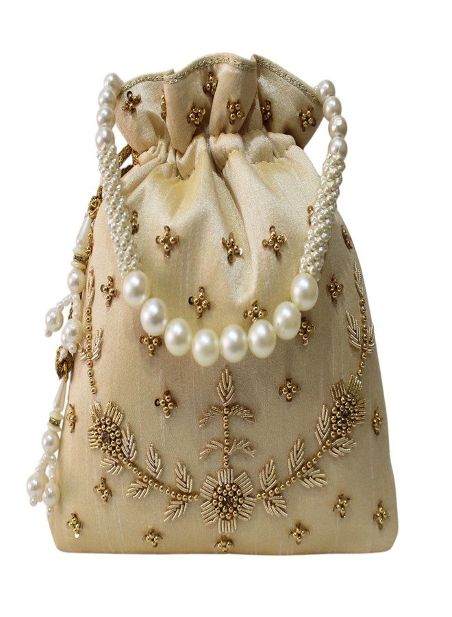 MILAN'S CREATION : Pearl & Zardosi Potli Bag Hand Embroidery Drawstring Potli Women's Handbag Purse With Pearl Handle & Tassel Purse (Gold) - Image 1